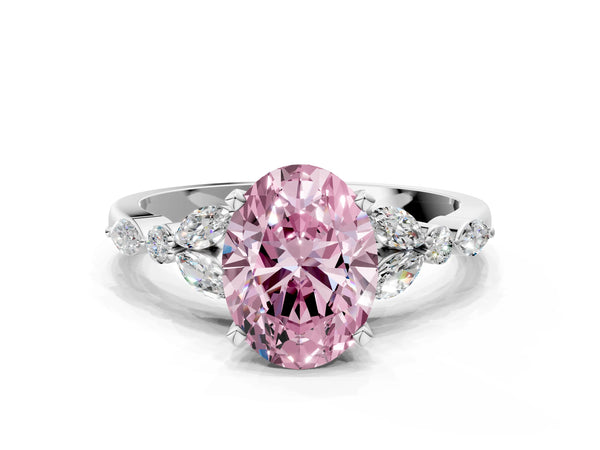 Platinum Fancy Pink Oval Cut Diamond Solitaire Ring with Side Stones and Four-Prong Setting