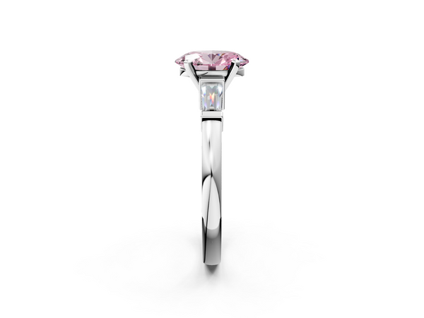 White gold Fancy Pink Oval  Cut Diamond Solitaire Ring with Tapered Baguette Accents and Four-Prong Setting