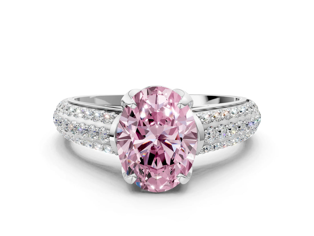 White gold Fancy Pink Oval Cut Diamond Solitaire Ring with Three-Row Pavé Band and Four-Prong Setting_49