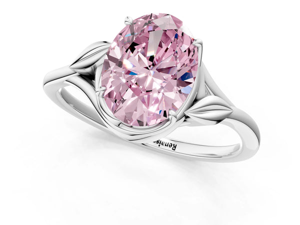Platinum Fancy Pink Oval Cut Diamond Solitaire Ring with Twist Band and Four-Prong Setting