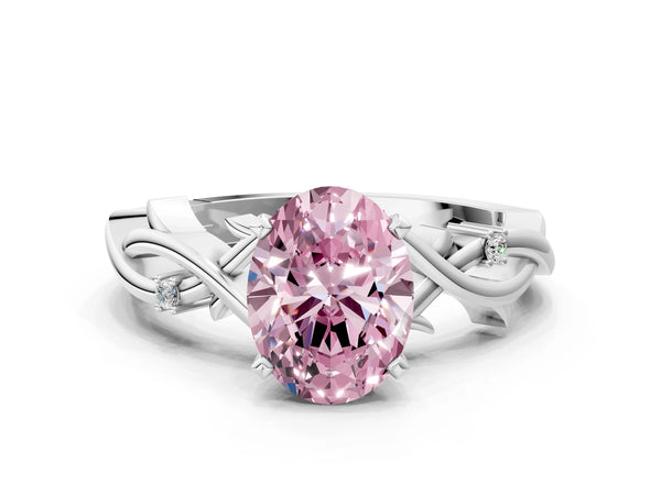 White Gold Oval Solitaire Engagement Ring Setting for Fancy Pink Center with Vine Twist Band
