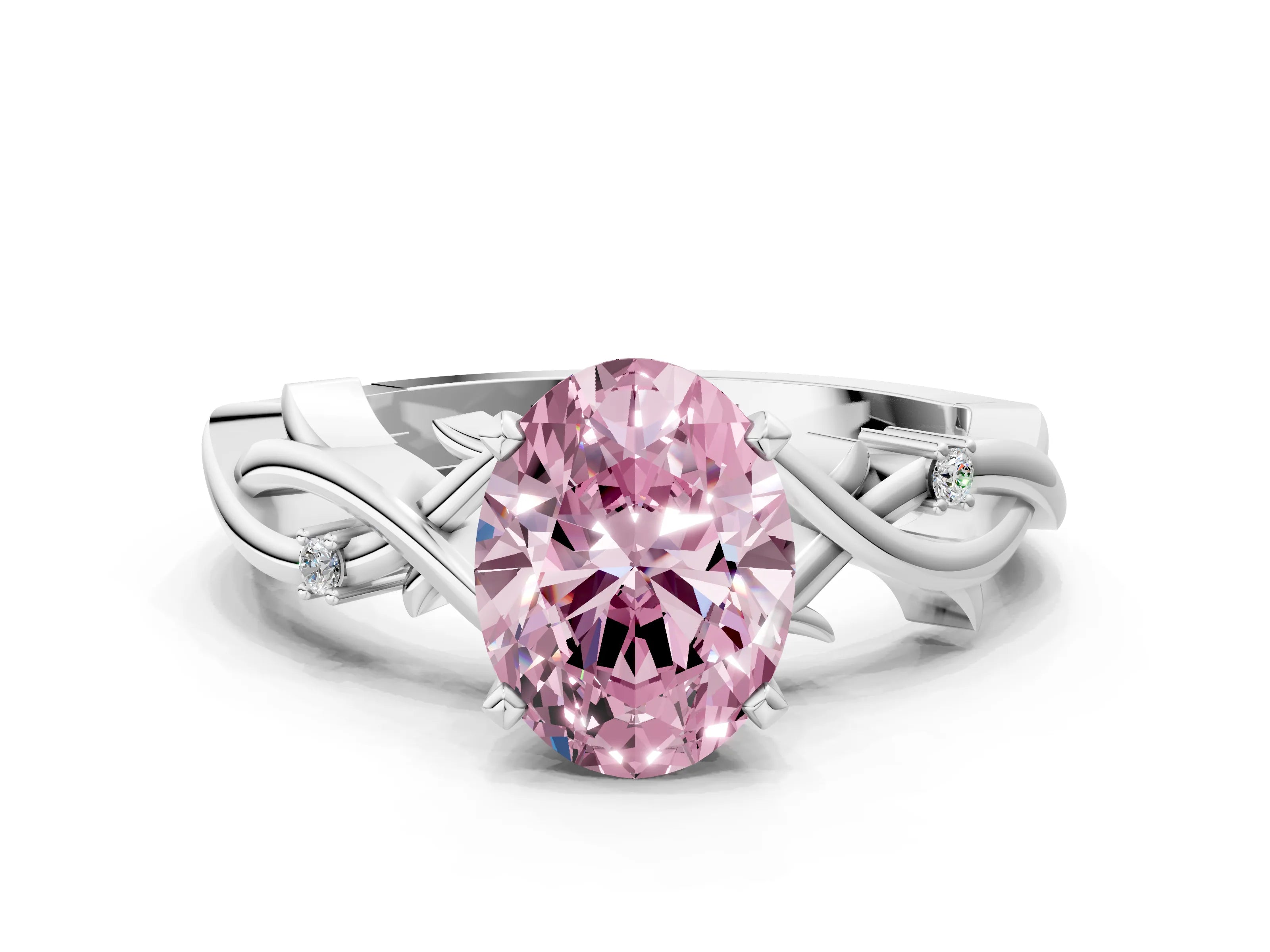 White gold Fancy Pink Oval Cut Diamond Solitaire Ring with Twisted Band and Prong Setting_348
