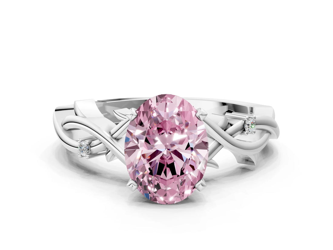 White gold Fancy Pink Oval Cut Diamond Solitaire Ring with Twisted Band and Prong Setting_348