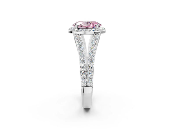 White Gold Oval Halo Engagement Ring Setting for Fancy Pink Center with Narrow Pave Split Shank
