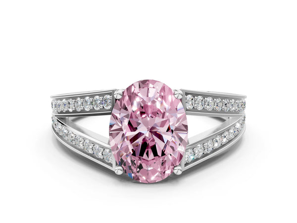White Gold Oval Pave Split Shank Engagement Ring Setting for Fancy Pink Center with Engraved Sides