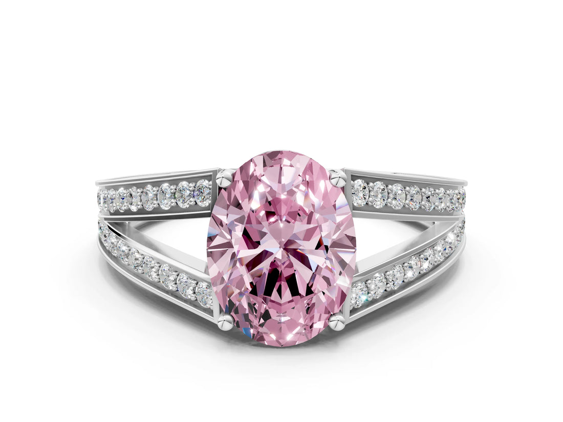 White gold Fancy Pink Oval Cut Diamond Split Shank Ring with Pavé Band and Four-Prong Setting_44