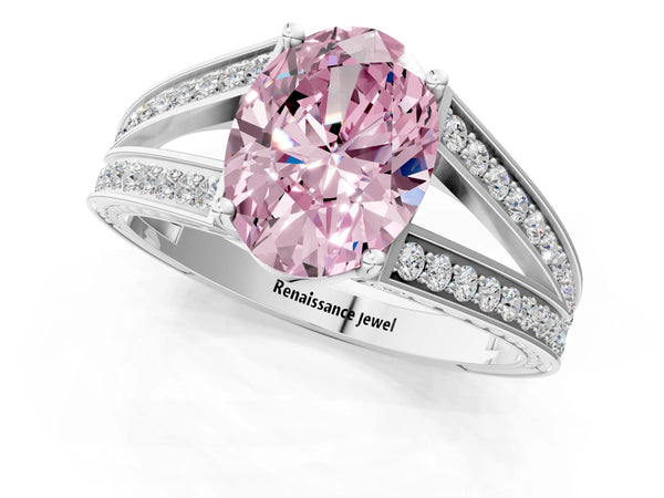 Platinum Oval Pave Split Shank Engagement Ring Setting for Fancy Pink Center with Engraved Sides