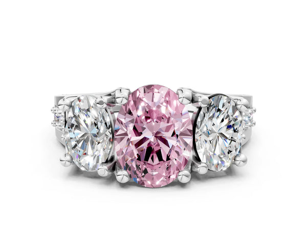 Platinum Fancy Pink Oval Cut Diamond Three-Stone Ring with Channel Set Band and Four-Prong Setting