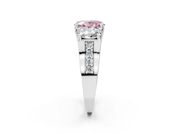 Platinum Fancy Pink Oval Cut Diamond Three-Stone Ring with Channel Set Band and Four-Prong Setting