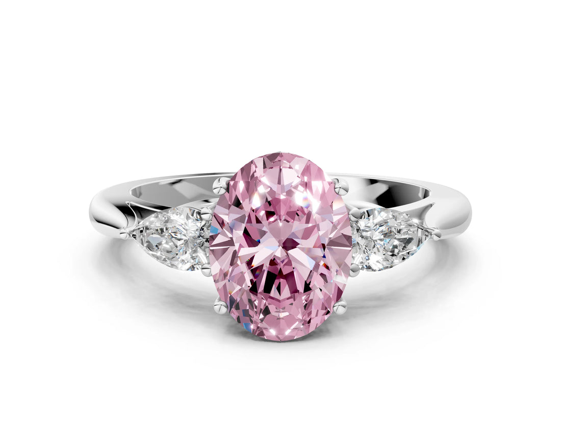 White gold Fancy Pink Oval Cut Diamond Three-Stone Ring with Pear  Side Stones and Prong Setting_168