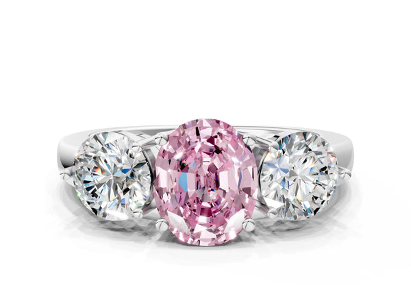 White gold Fancy Pink Oval Cut Diamond Three-Stone Ring with Prong Setting and Classic Band