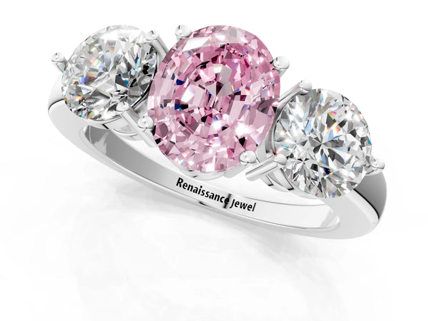 White gold Fancy Pink Oval Cut Diamond Three-Stone Ring with Prong Setting and Classic Band