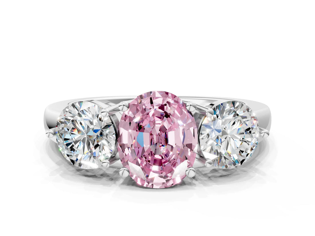 White gold Fancy Pink Oval Cut Diamond Three-Stone Ring with Prong Setting and Classic Band_108