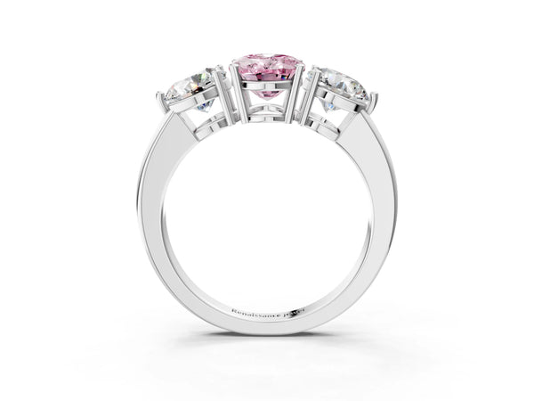 White gold Fancy Pink Oval Cut Diamond Three-Stone Ring with Prong Setting and Classic Band
