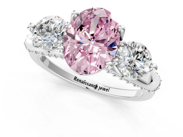 White Gold Oval Curved Pave Three Stone Engagement Ring Setting for Fancy Pink Center