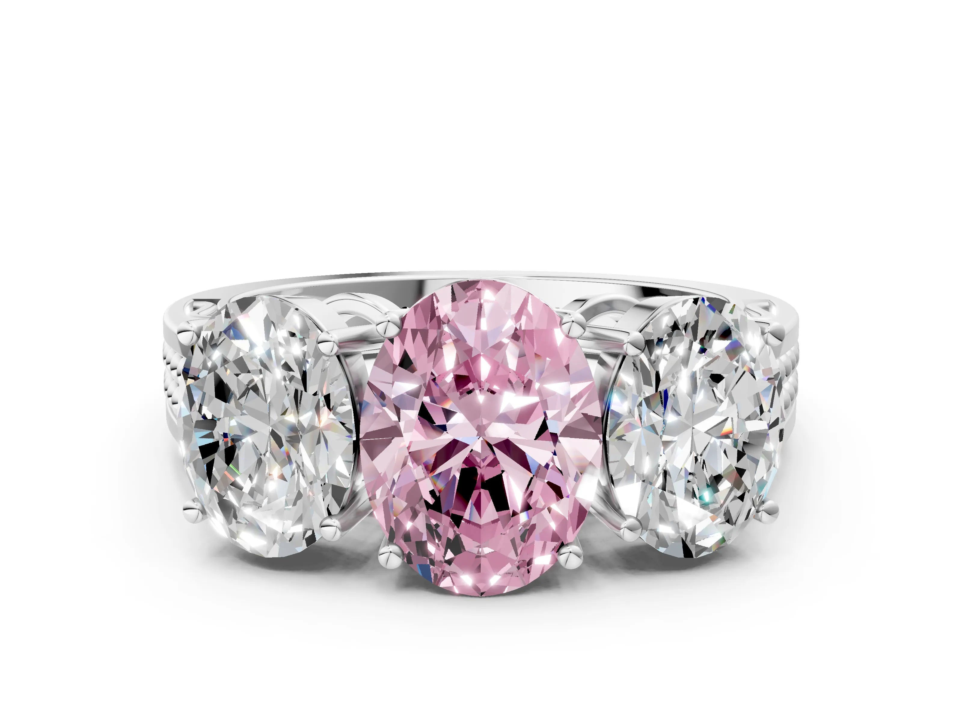 White gold Fancy Pink Oval Cut Diamond Three-Stone Ring with Prong Setting and Textured Band_12