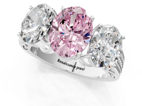 White gold Fancy Pink Oval Cut Diamond Three-Stone Ring with Prong Setting and Textured Band_13