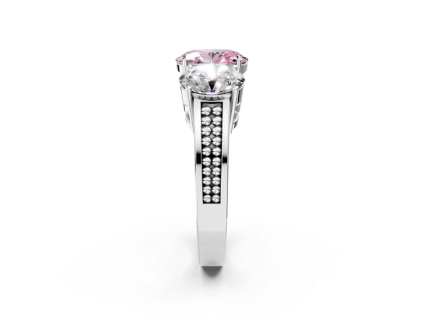 Platinum Fancy Pink Oval Cut Diamond Three-Stone Ring with Prong Setting and Textured Band