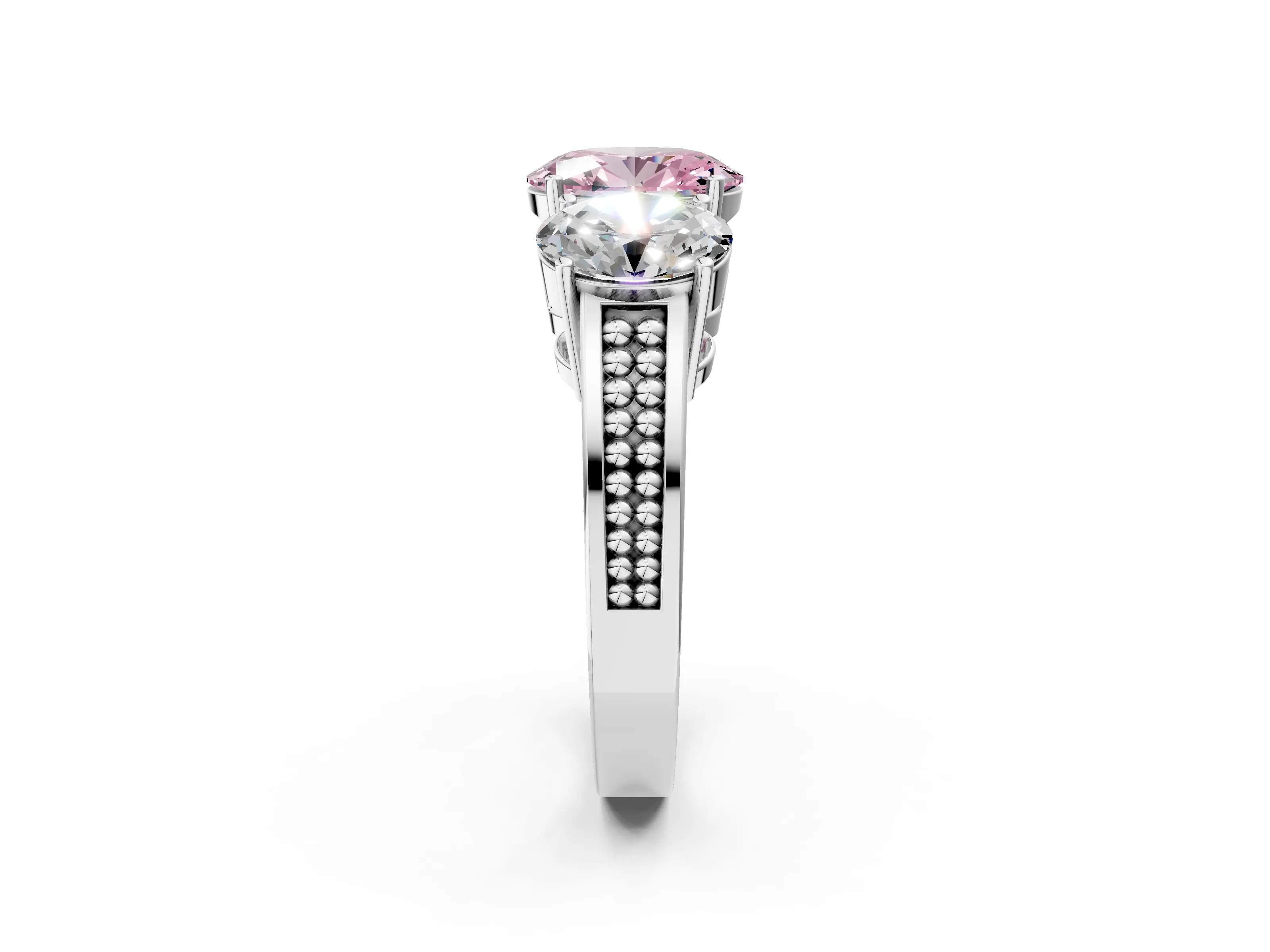 White gold Fancy Pink Oval Cut Diamond Three-Stone Ring with Prong Setting and Textured Band_14