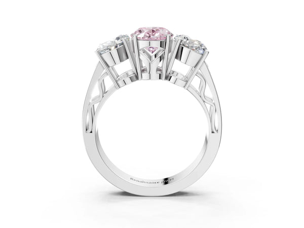 Platinum Fancy Pink Oval Cut Diamond Three-Stone Ring with Prong Setting and Textured Band