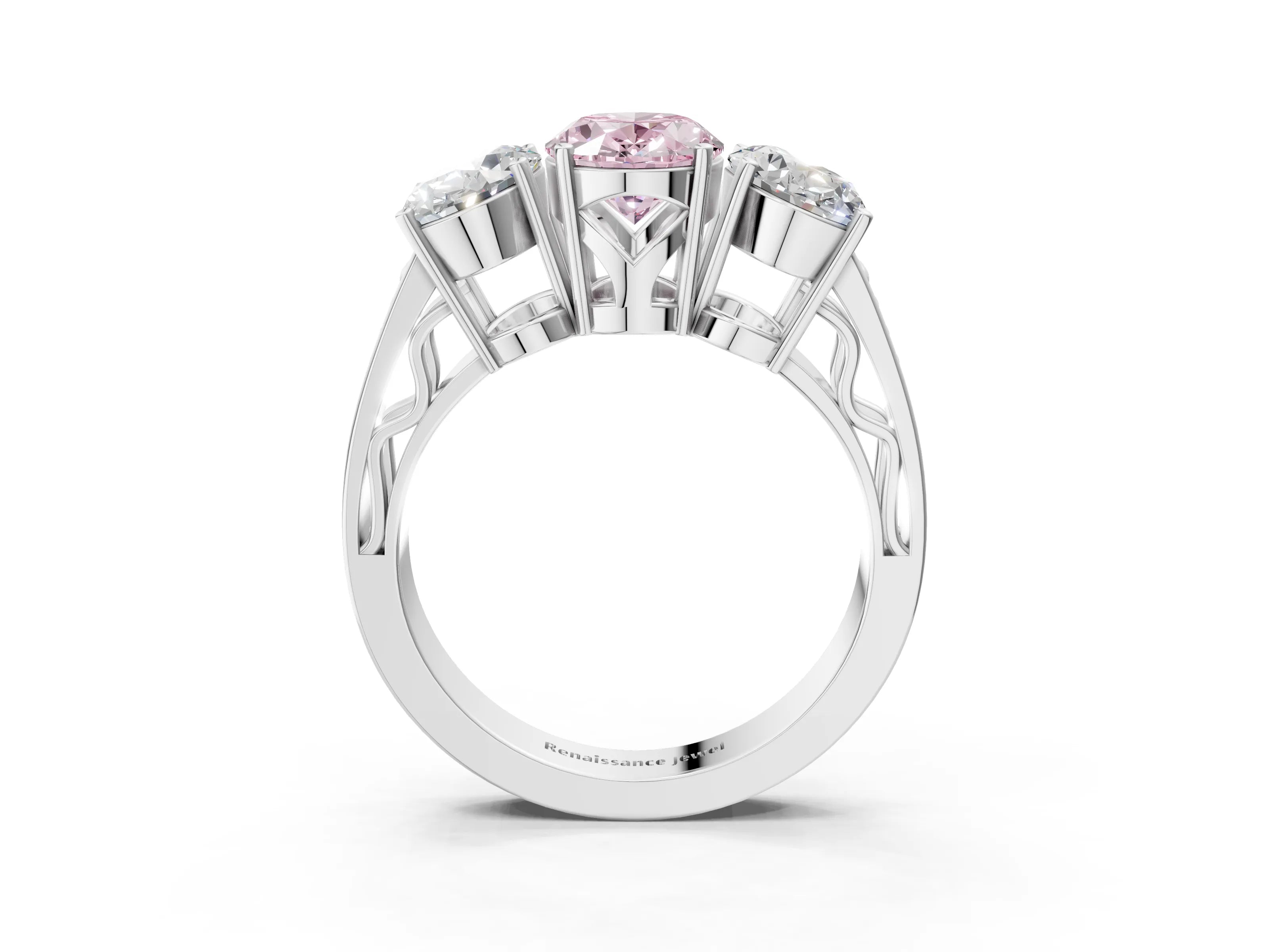 White gold Fancy Pink Oval Cut Diamond Three-Stone Ring with Prong Setting and Textured Band_15