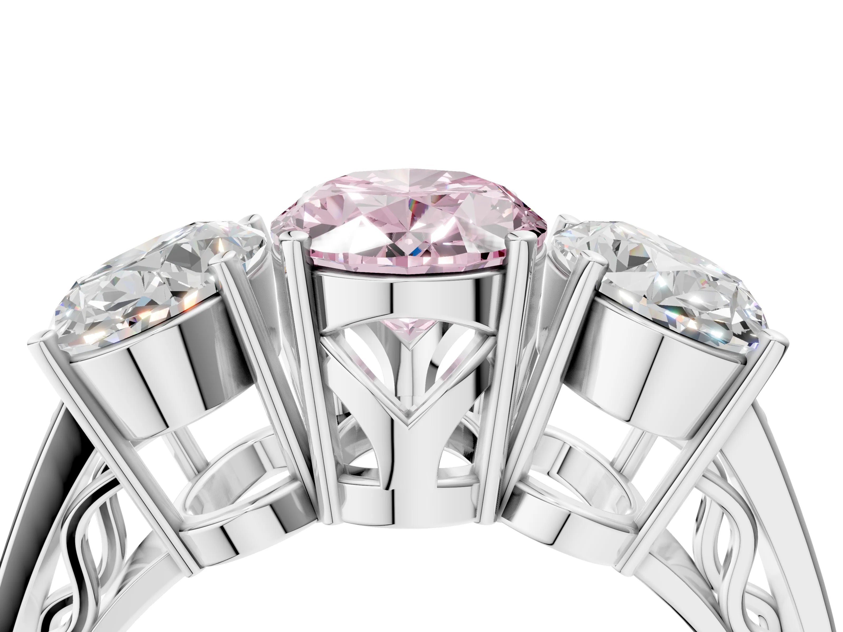 White gold Fancy Pink Oval Cut Diamond Three-Stone Ring with Prong Setting and Textured Band_16