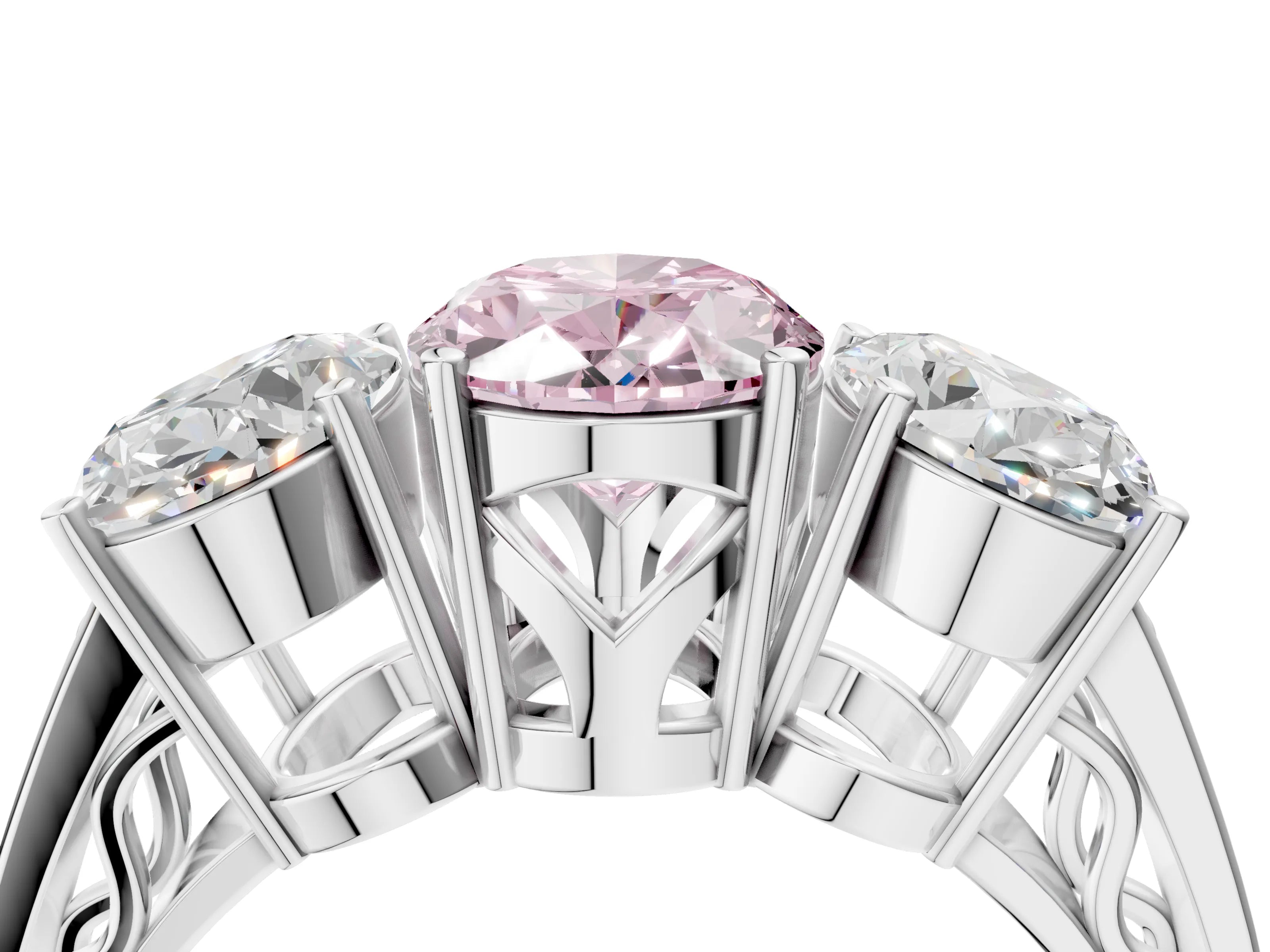 White gold Fancy Pink Oval Cut Diamond Three-Stone Ring with Prong Setting and Textured Band_4