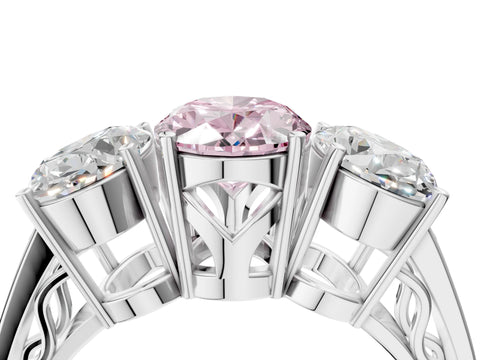 White gold Fancy Pink Oval Cut Diamond Three-Stone Ring with Prong Setting and Textured Band_4