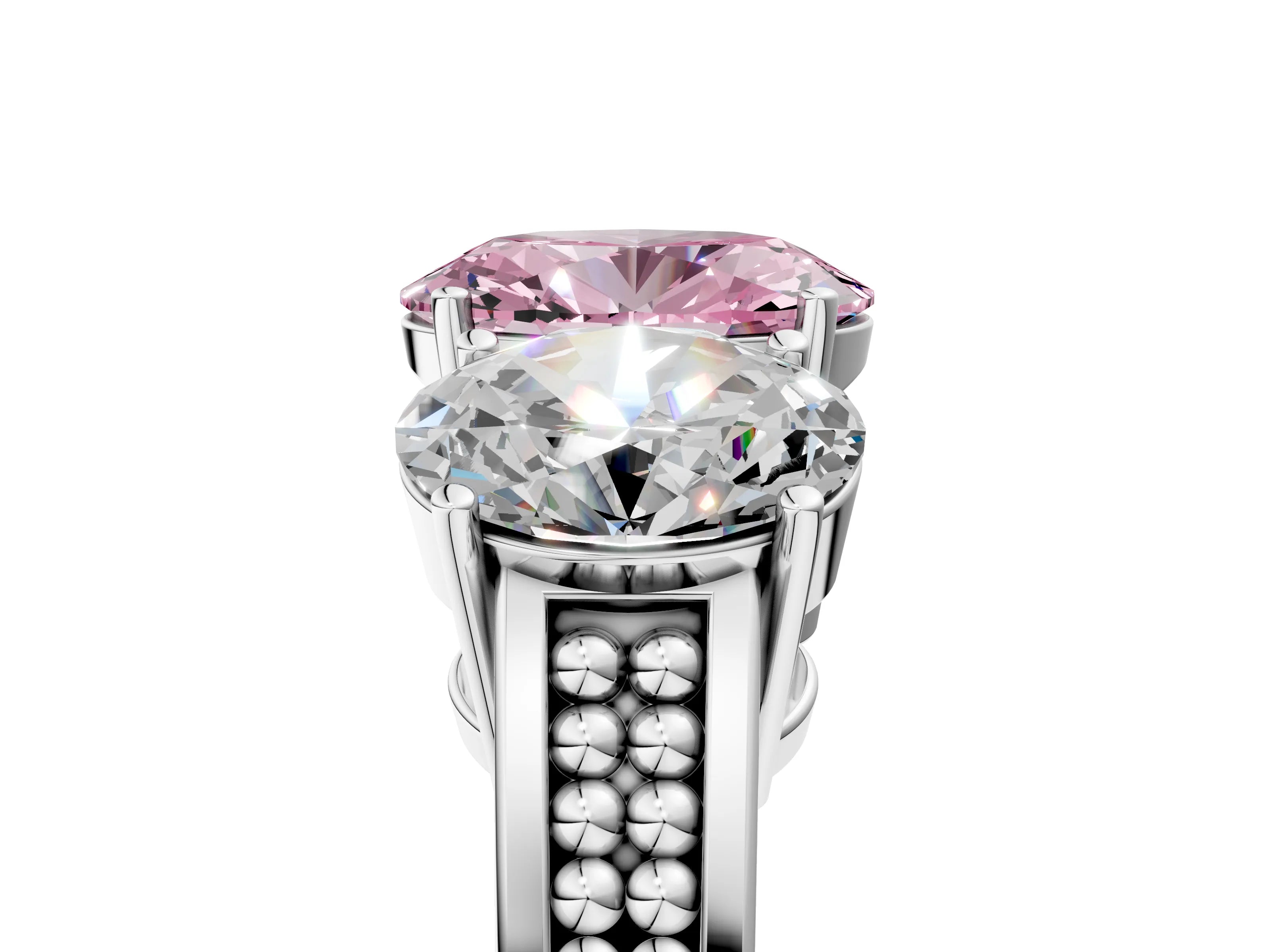White gold Fancy Pink Oval Cut Diamond Three-Stone Ring with Prong Setting and Textured Band_5