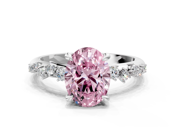 Platinum Fancy Pink Oval  Cut Diamond Vine Band with Four-Prong Setting