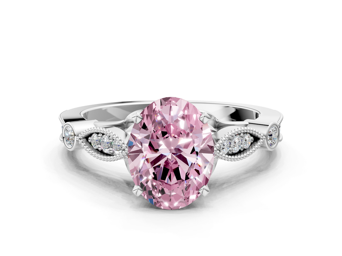 White gold Fancy Pink Oval  Cut Diamond with Milgrain Marquise and Bezel Accents on a Solitaire Band with Prong Setting_206