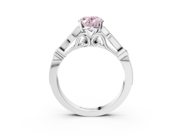 Platinum Fancy Pink Oval  Cut Diamond with Milgrain Marquise and Bezel Accents on a Solitaire Band with Prong Setting