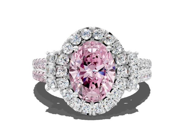 Platinum Fancy Pink Oval  Cut Double Halo Diamond Engagement Ring with Pave Band and Four-Prong Setting