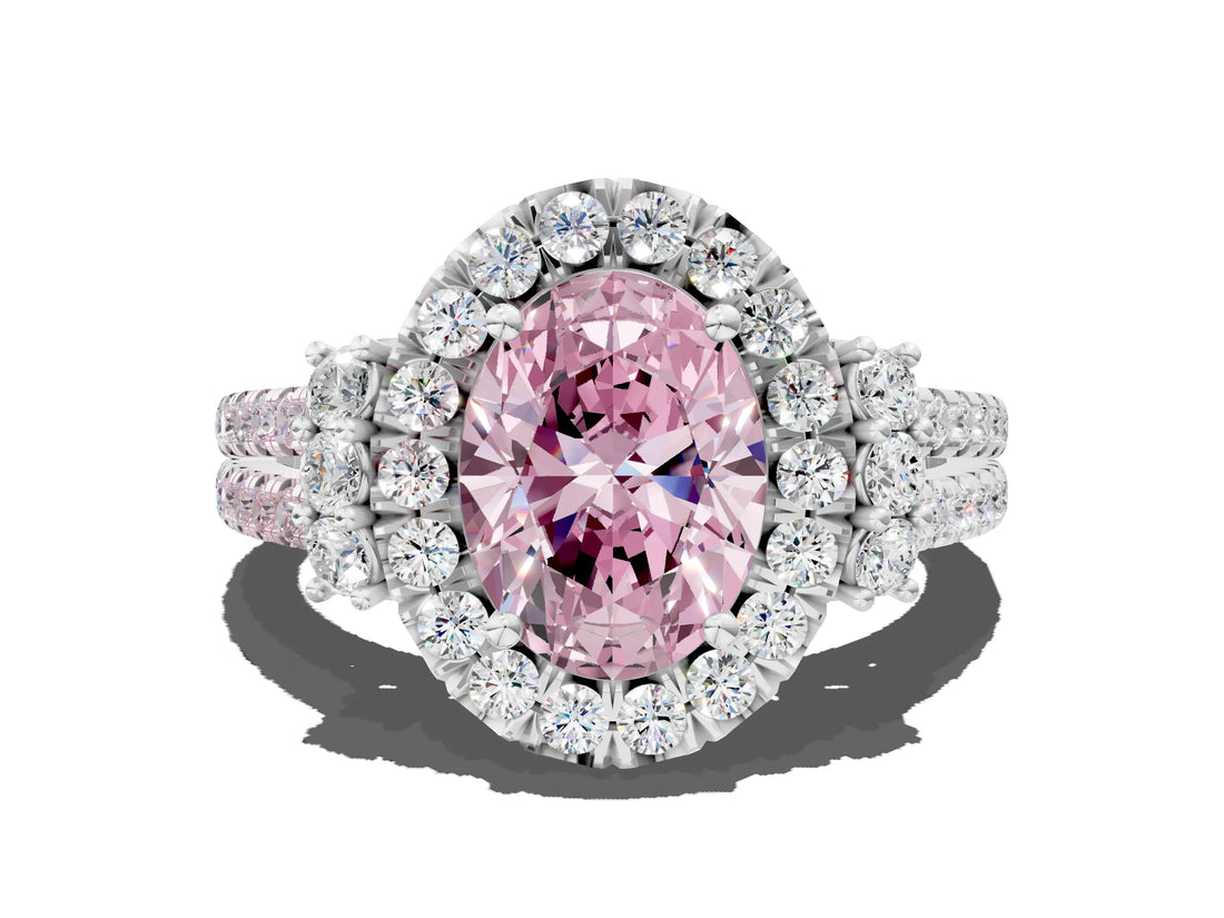 White gold Fancy Pink Oval  Cut Double Halo Diamond Engagement Ring with Pave Band and Four-Prong Setting_38