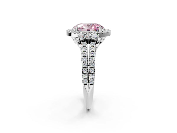 Platinum Fancy Pink Oval  Cut Double Halo Diamond Engagement Ring with Pave Band and Four-Prong Setting