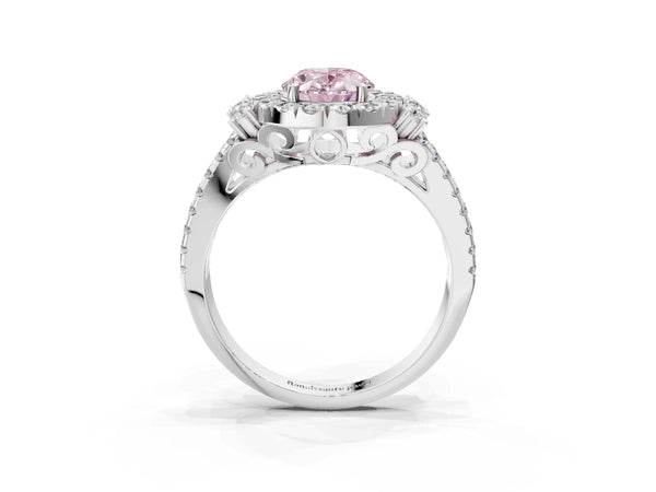 Platinum Fancy Pink Oval  Cut Double Halo Diamond Engagement Ring with Pave Band and Four-Prong Setting