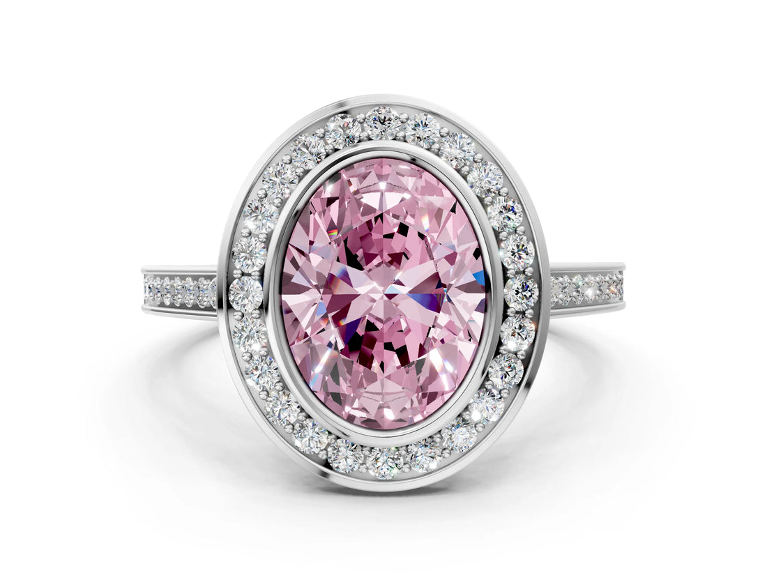 White gold Fancy Pink Oval Cut Halo Bezel Diamond Pave Band Ring