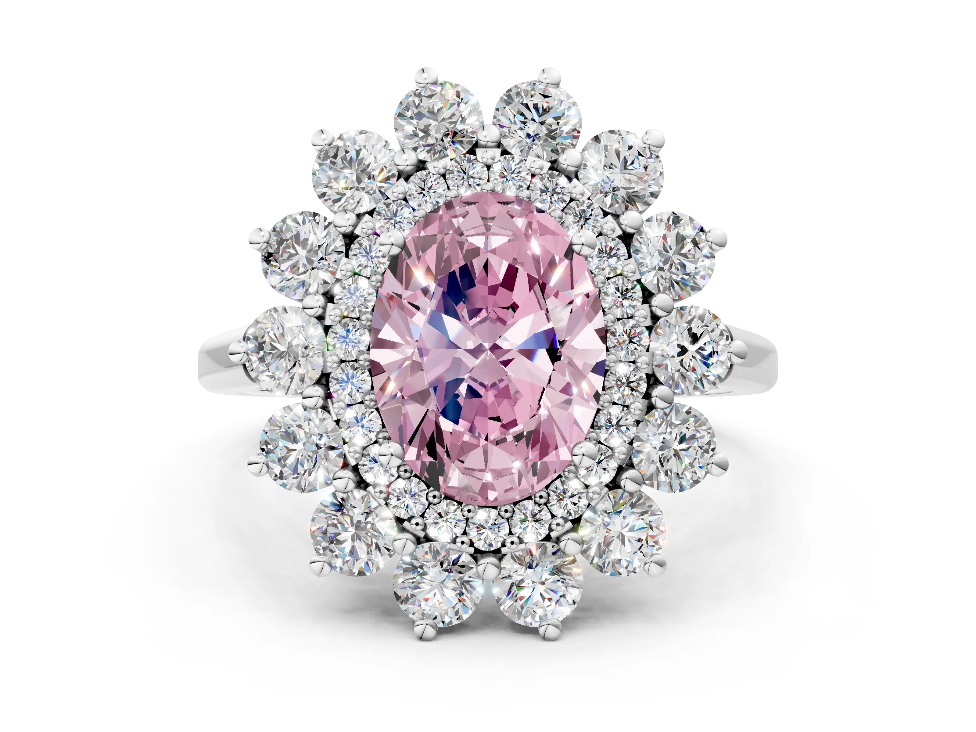 White gold Fancy Pink Oval Cut Halo Cluster Diamond Ring with Pave Band and Four-Prong Setting_12