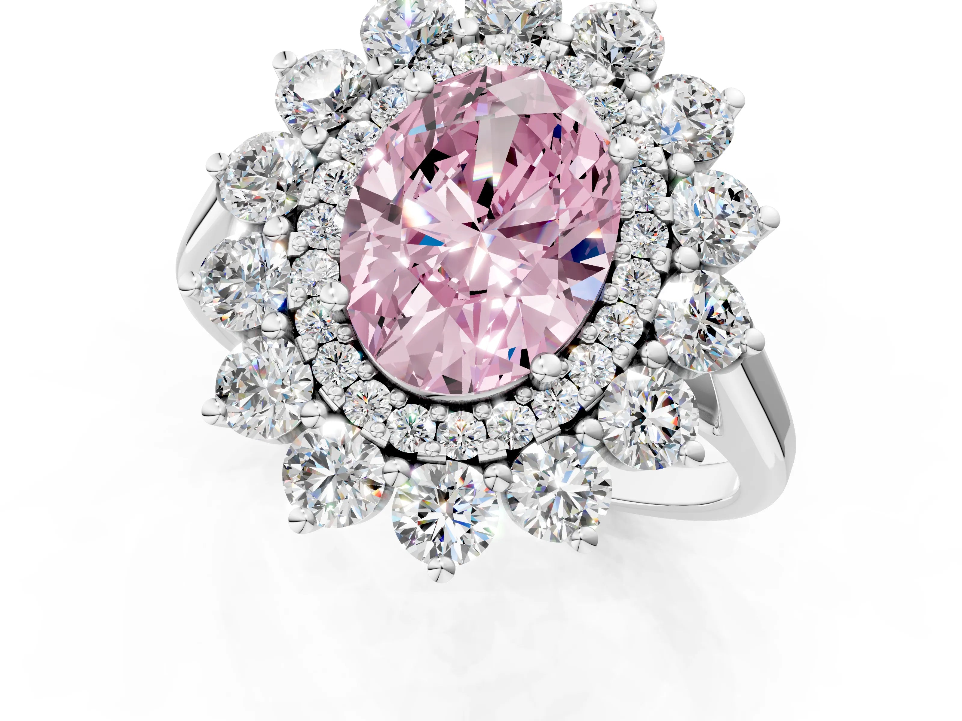 White gold Fancy Pink Oval Cut Halo Cluster Diamond Ring with Pave Band and Four-Prong Setting_13