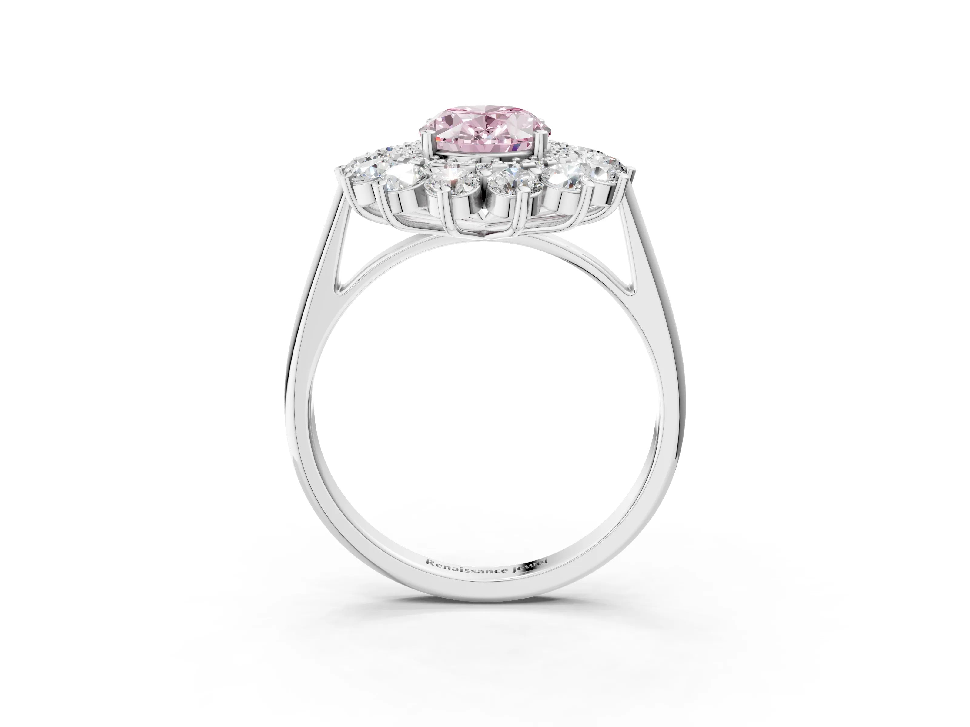 White gold Fancy Pink Oval Cut Halo Cluster Diamond Ring with Pave Band and Four-Prong Setting_15