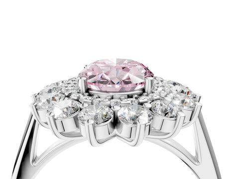 White gold Fancy Pink Oval Cut Halo Cluster Diamond Ring with Pave Band and Four-Prong Setting_16