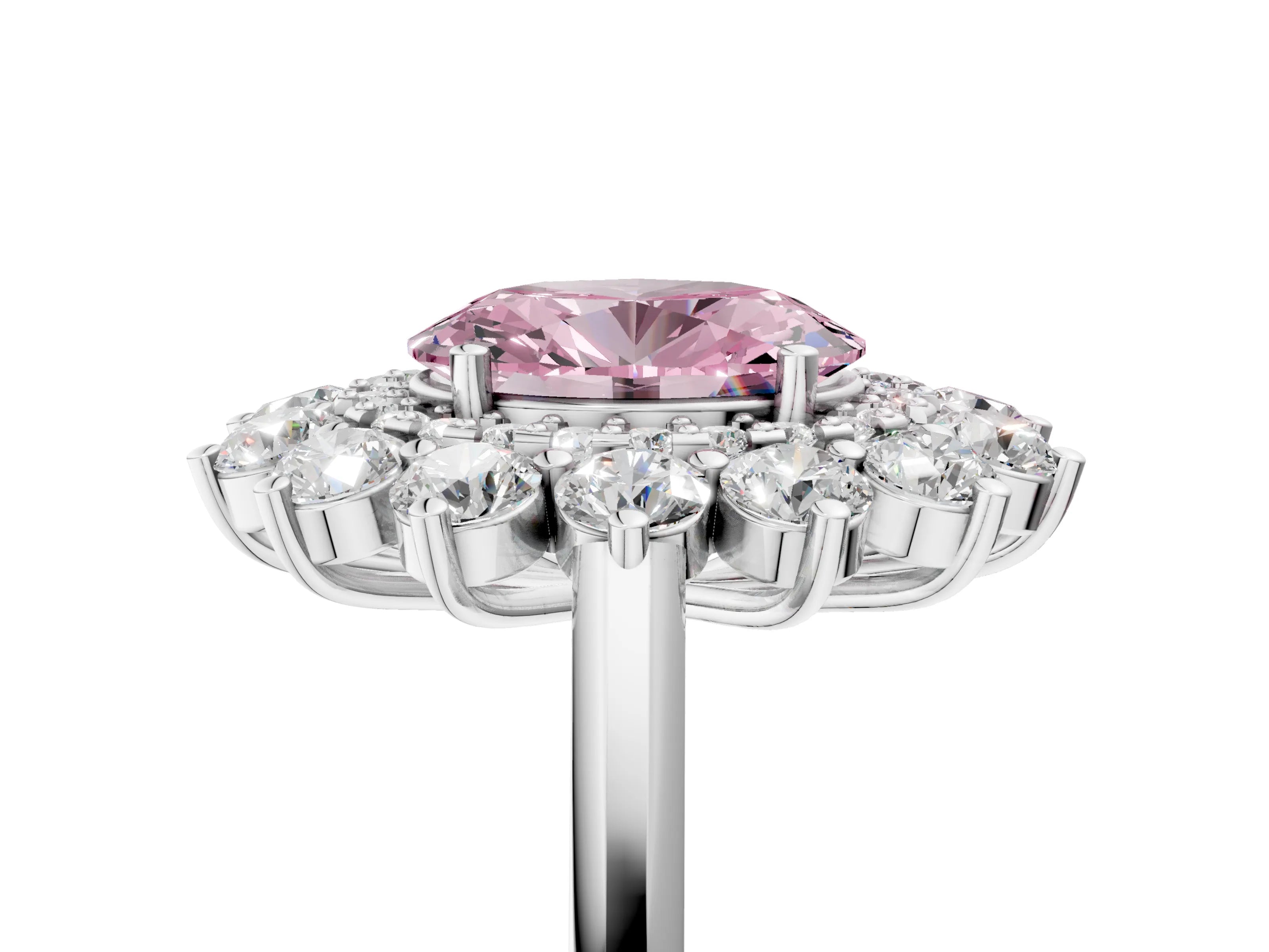 White gold Fancy Pink Oval Cut Halo Cluster Diamond Ring with Pave Band and Four-Prong Setting_17