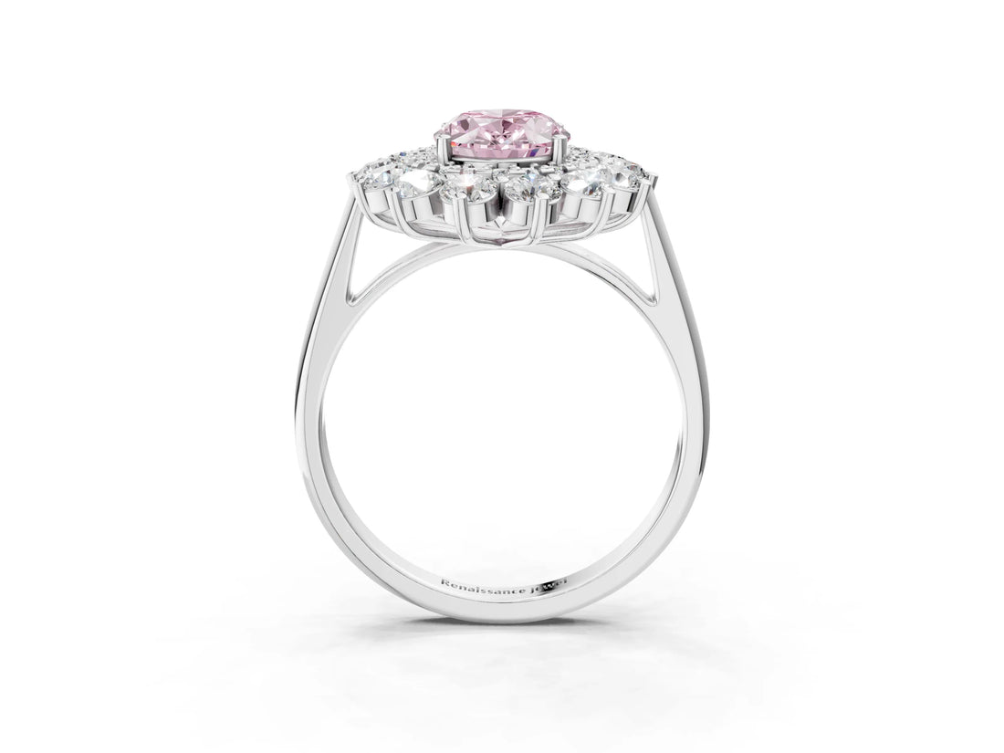 White gold Fancy Pink Oval Cut Halo Cluster Diamond Ring with Pave Band and Four-Prong Setting_3