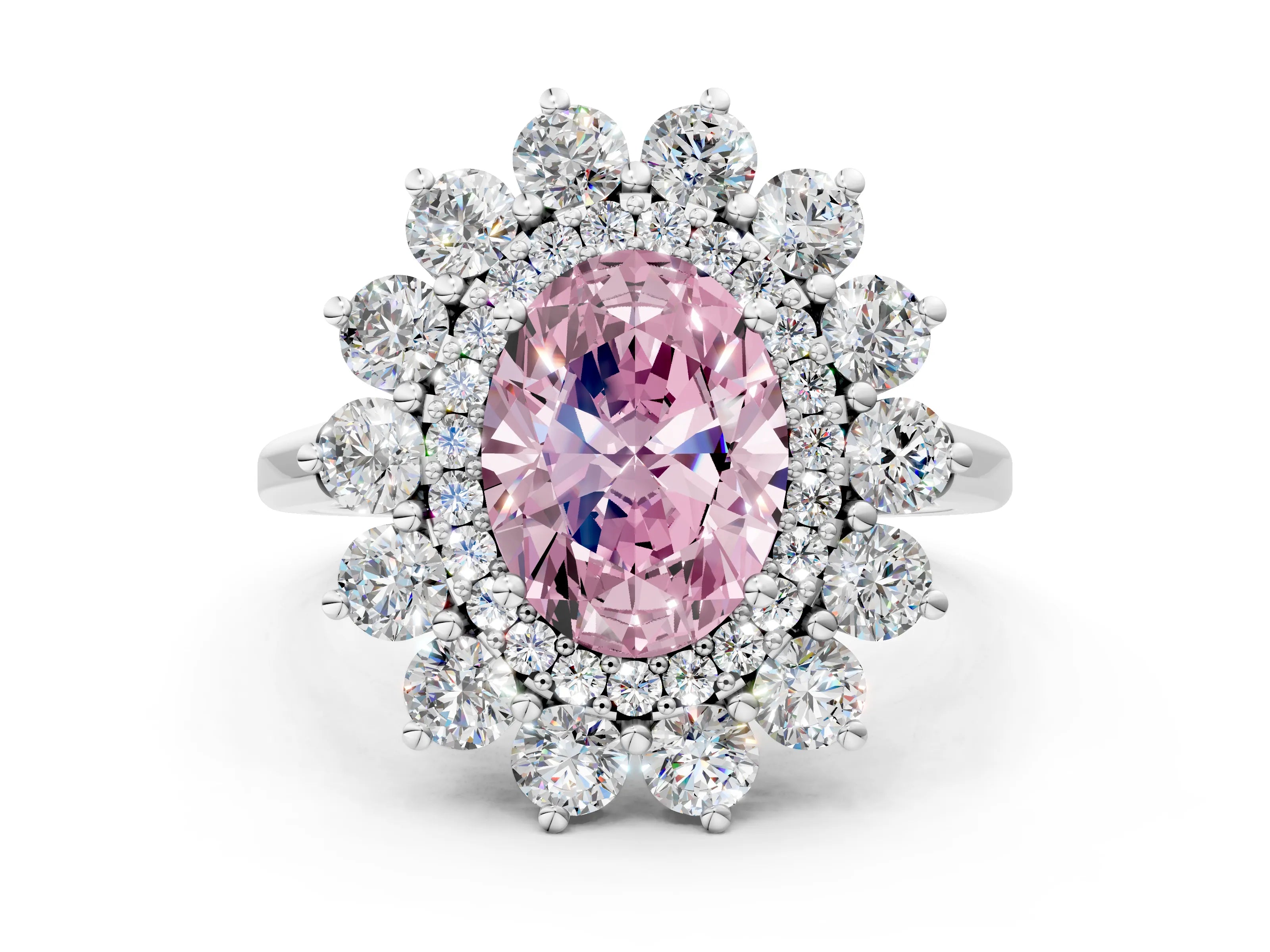 White gold Fancy Pink Oval Cut Halo Cluster Diamond Ring with Pave Band and Four-Prong Setting