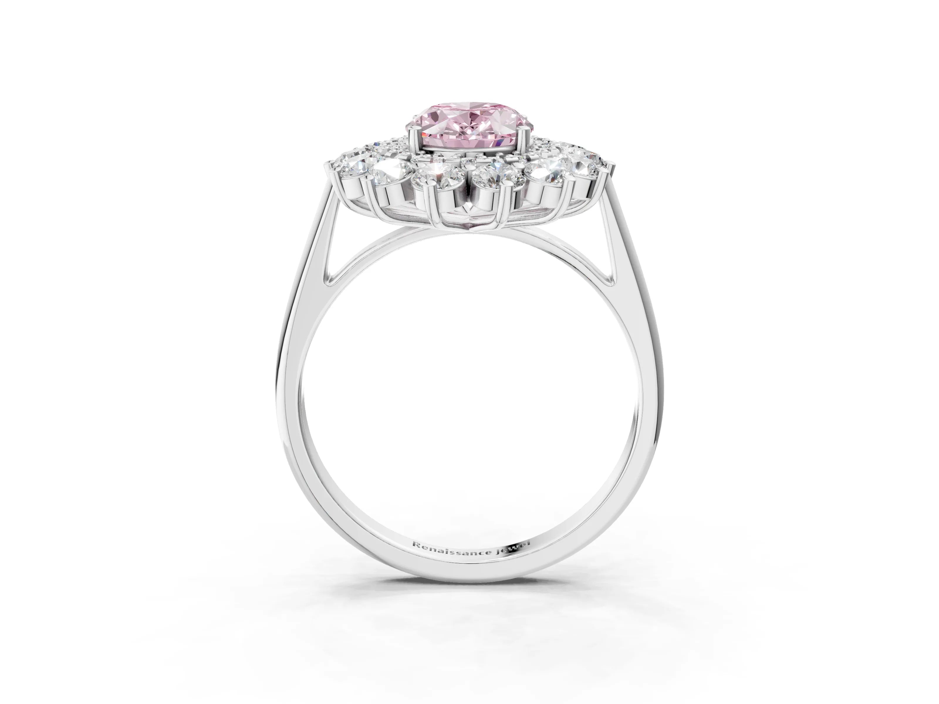 White gold Fancy Pink Oval Cut Halo Cluster Diamond Ring with Pave Band and Four-Prong Setting_3