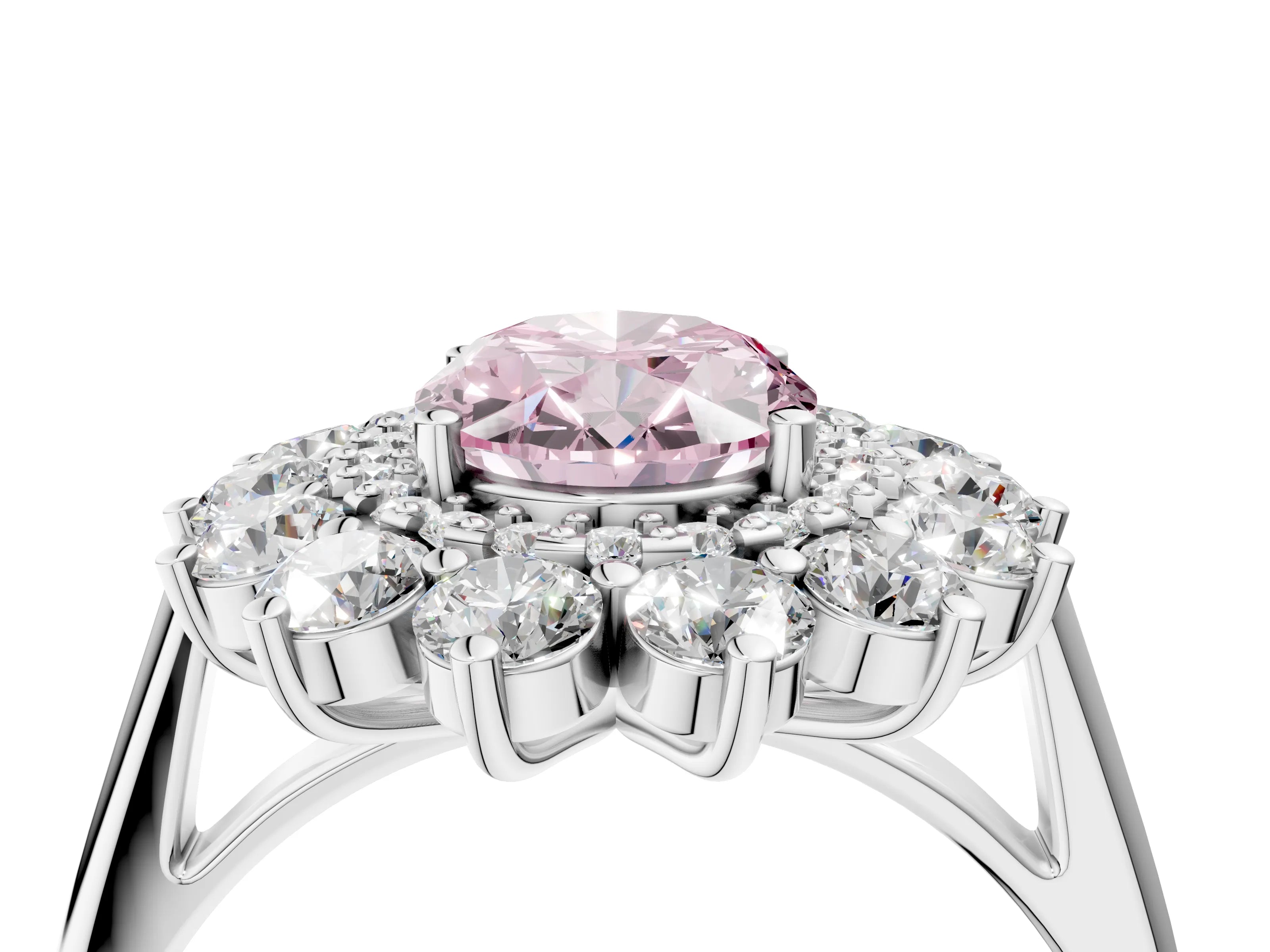 White gold Fancy Pink Oval Cut Halo Cluster Diamond Ring with Pave Band and Four-Prong Setting_4
