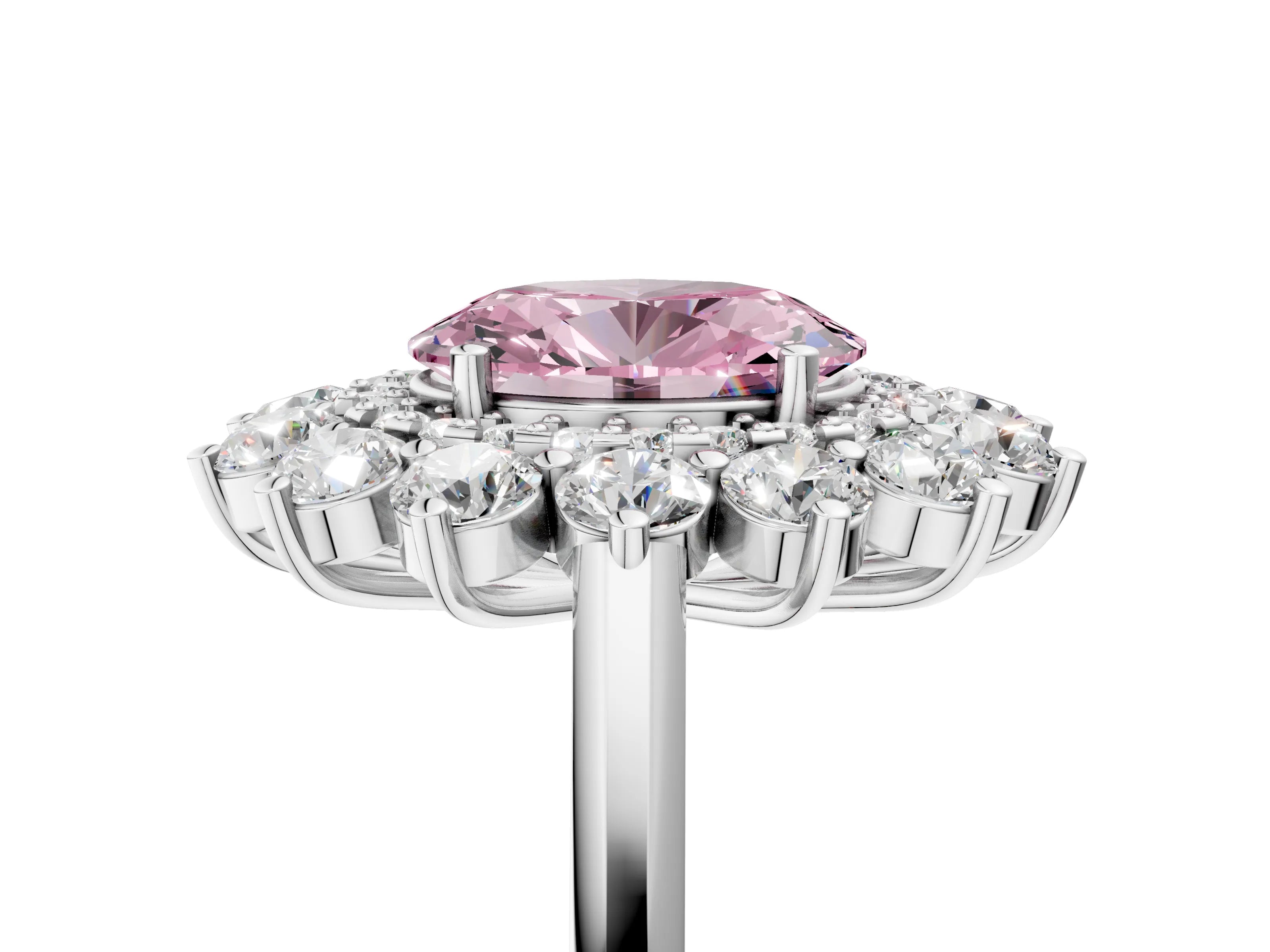 White gold Fancy Pink Oval Cut Halo Cluster Diamond Ring with Pave Band and Four-Prong Setting_5