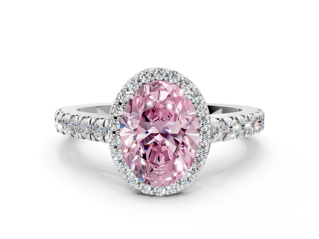 White gold Fancy Pink Oval  Cut Halo Diamond Engagement Ring with Pave Band and Four-Prong Setting_28
