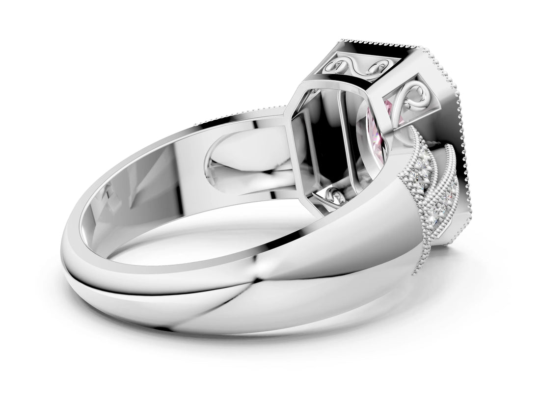 White gold Fancy Pink Oval Cut Halo Diamond Engagement Ring with Pave Split Shank and Four-Prong Setting