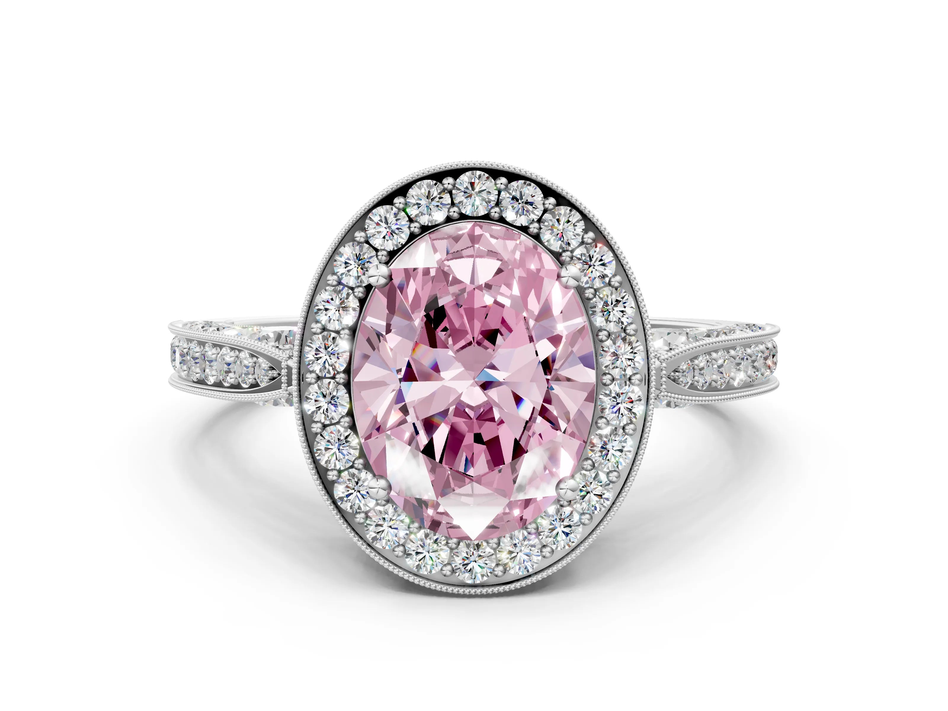 White gold Fancy Pink Oval Cut Halo Diamond Engagement Ring with Split Shank Band and Four-Prong Setting_12